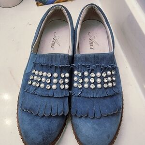 Blue Suede Women's Shoes with Pearl Embellishments